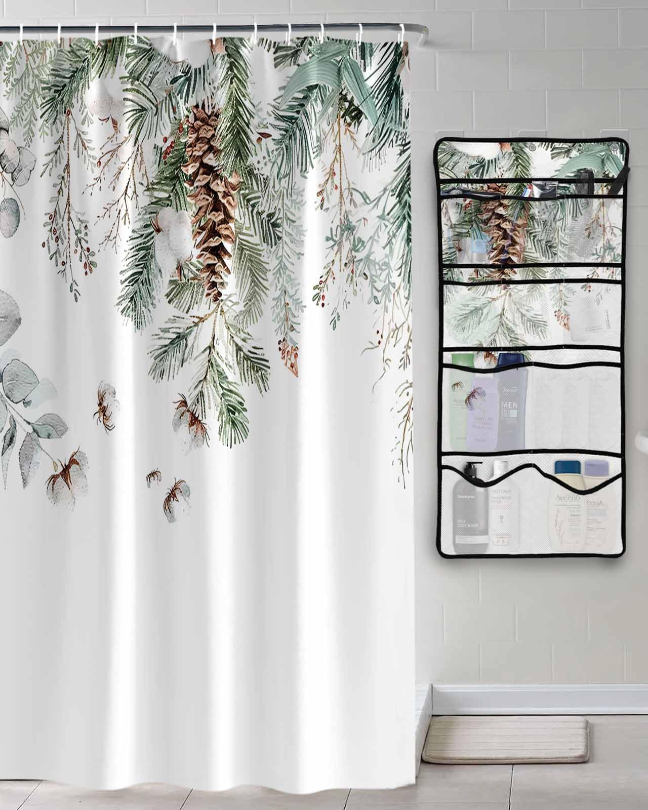 Decorative Shower Curtain Sets Christmas Green Berry Fabric Waterproof Shower Curtains Winter Xmas Eucalyptus Leaves Texture Mesh Shower