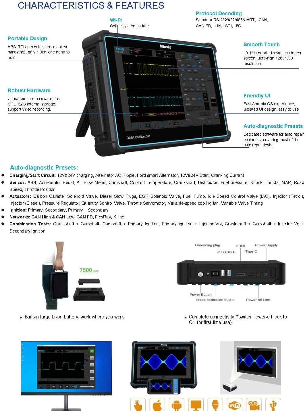 ATO1004 Automotive Oscilloscope Master Kit 100MHz, 4 Channels, 1GSa/s,110Mpts with Ignition Probe Multimeter Probe Auto Repair Special Accessories and Professional Carrying Case (ATO1004 Master Kit)