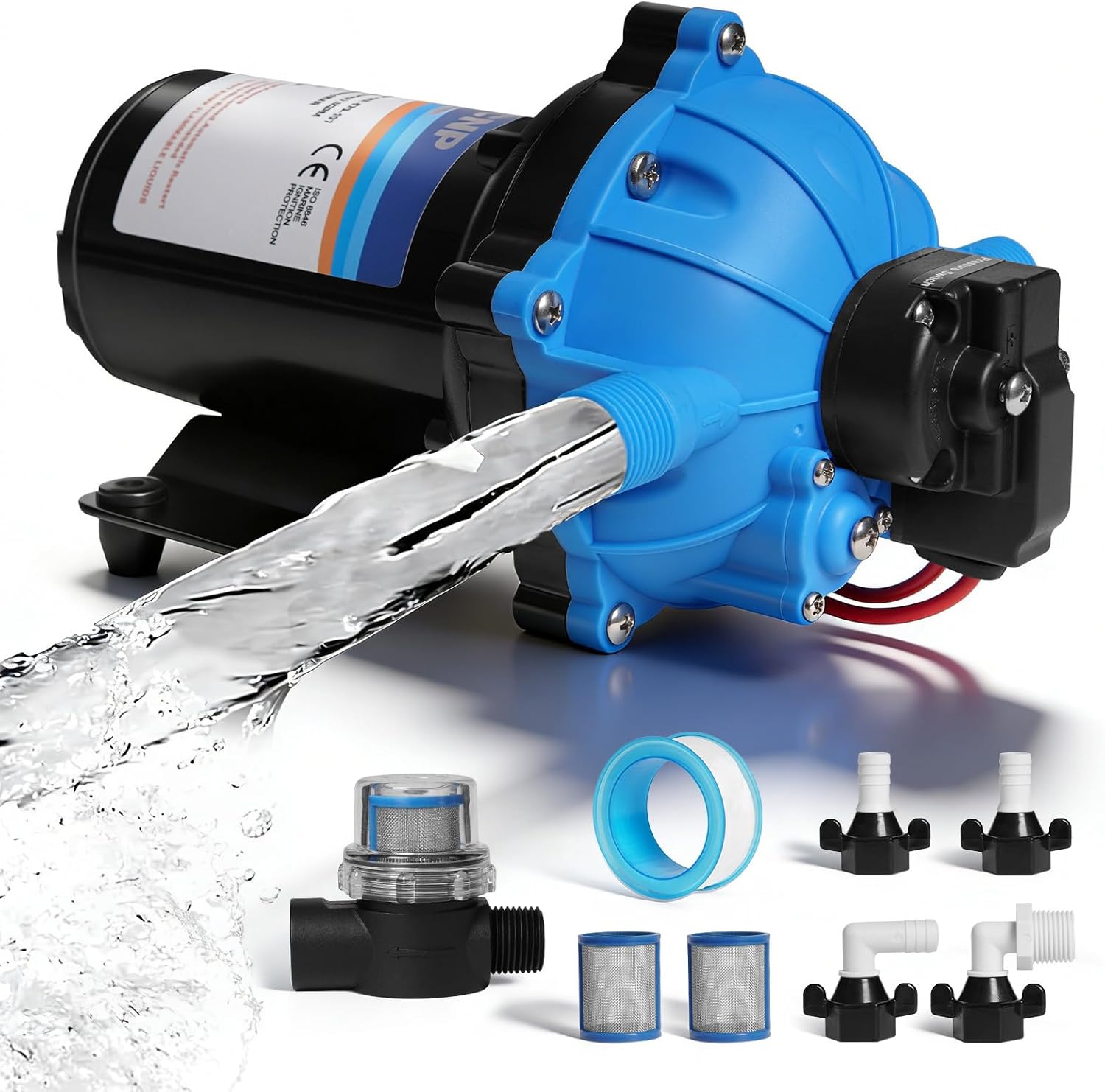 [Upgraded Version] FCNP RV Fresh Water Pump 7GPM 70PSI, 12V DC Water Pump, Five Chamber Self-Priming Diaphragm Pump with Automatic Pressure Switch and Strainer for RV, Yacht, Caravan, Camper