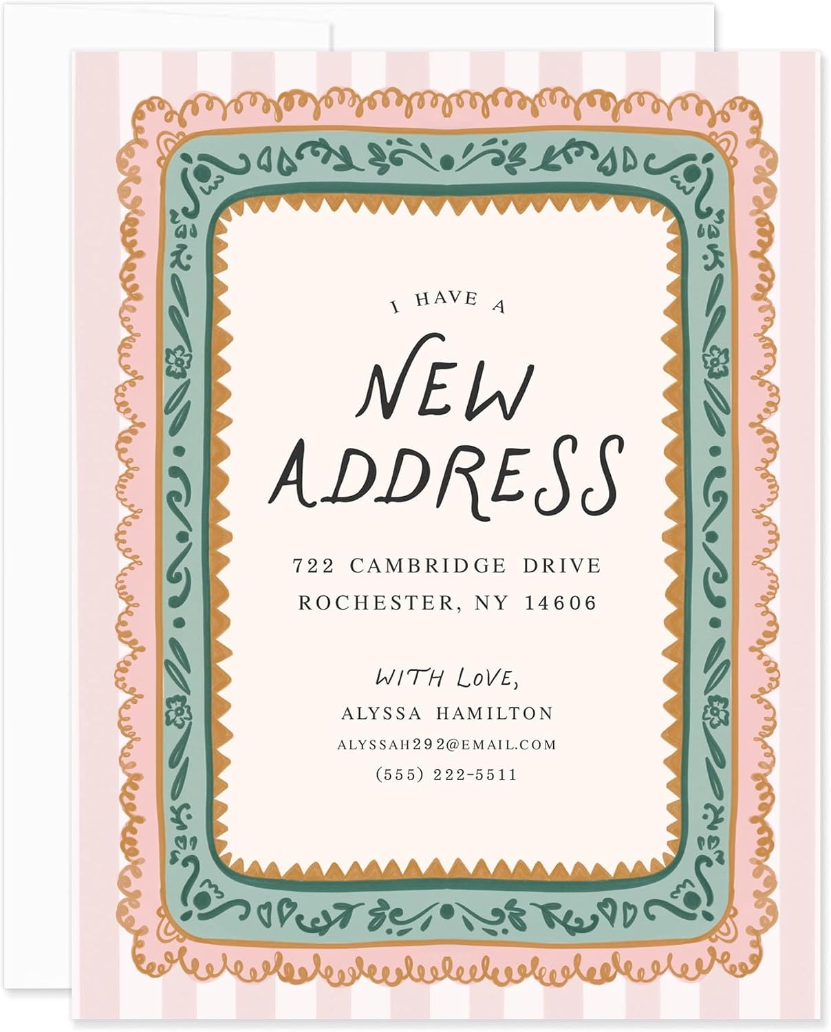 Vintage Inspired New Address Cards 4.25x5.5, Personalized Moving Announcement Notecards, Flat Custom Change of Address Cards with Decorative Border and Envelopes