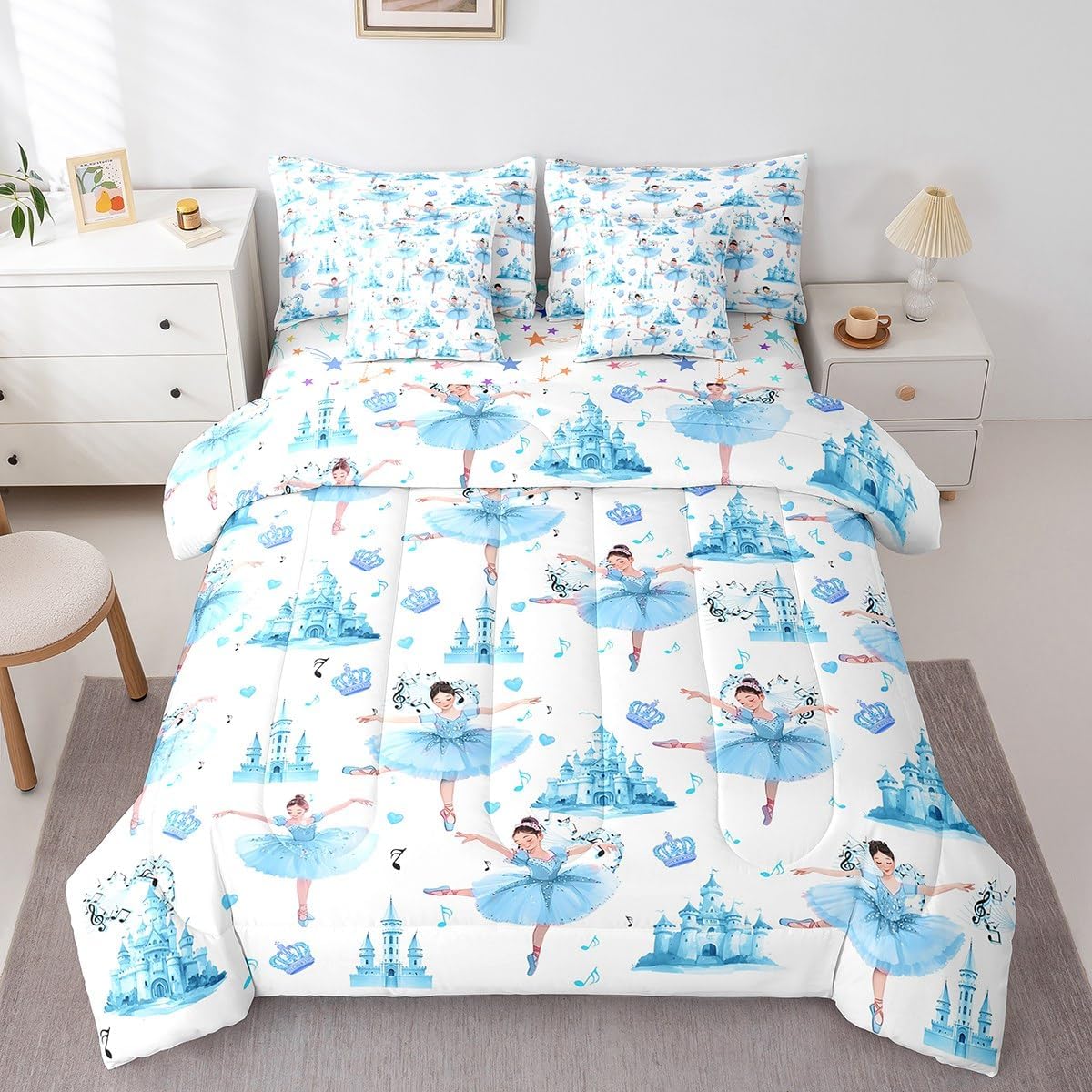 Feelyou Boys Girls Ballet Dancer Bed in A Bag Queen Size, Castle Music 7 Pieces Bedding Set Kids Ballerina Comforter Set with Sheets Dreamy Princess Teens Bed Set Bedroom Decor 7Pcs