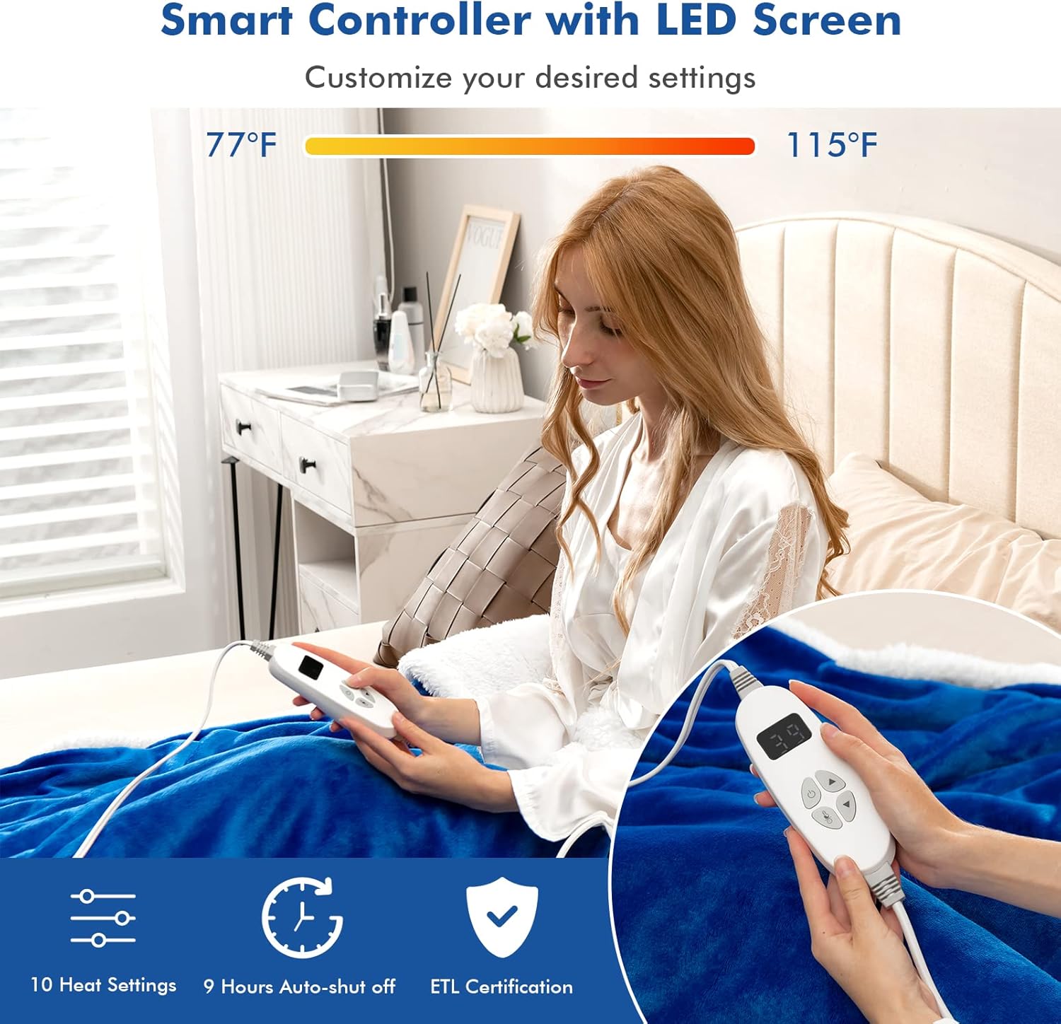 review Giantex Heated Electric Blanket Throw, Reversible Flannel & Sherpa Fleece Blanket with 10 Heat Levels, 9 Hours Auto Shut-Off, Overheat Protection, 50'' X 60'' Machine Washable, Heating Blanket(Navy)