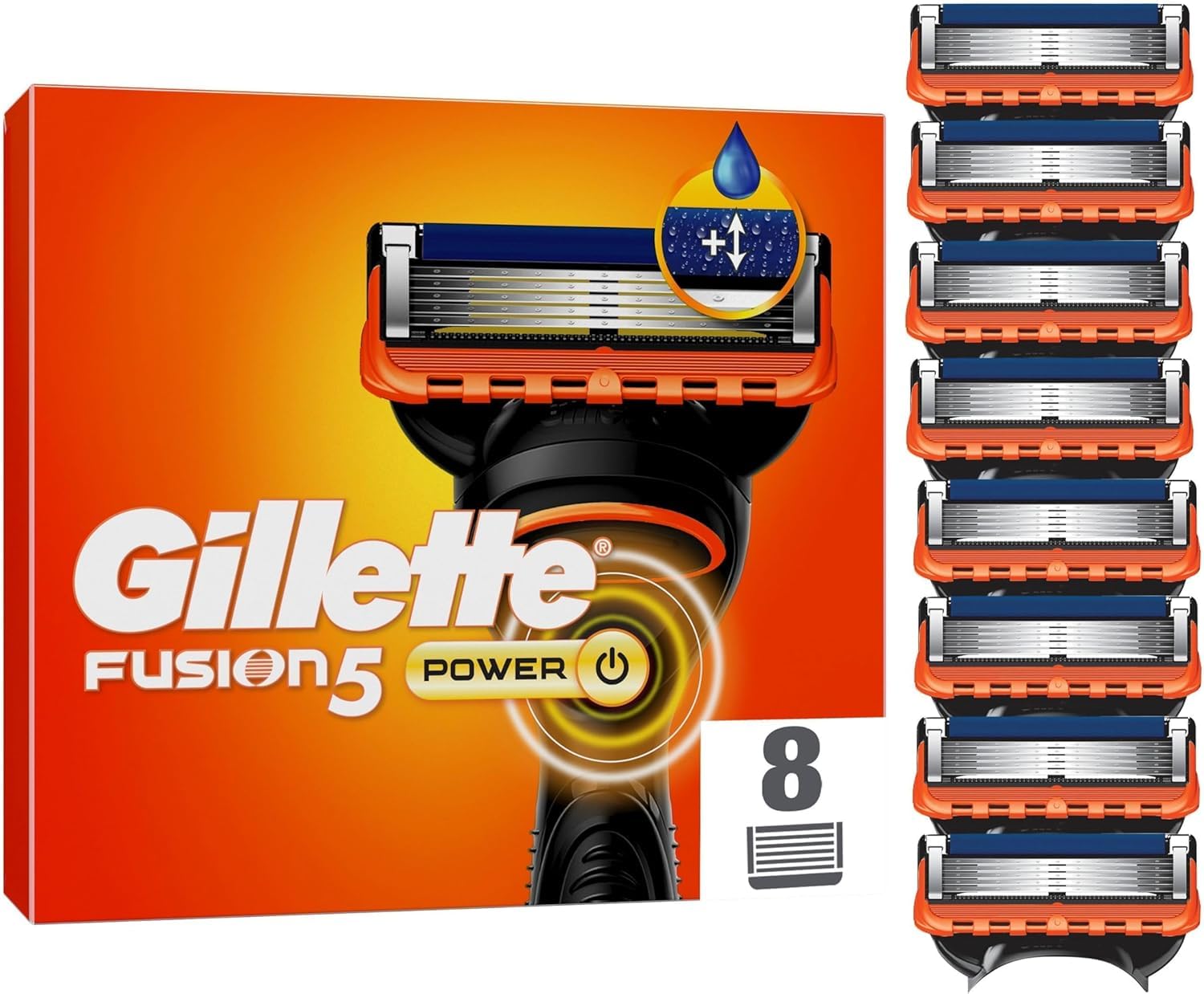 Gillette lame da barba Fusion5 Power, 8 lame di ricambio originali da uomo con una striscia scorrevole più grande per una scorrevolezza fluida e 5 lame per una rasatura incredibilmente