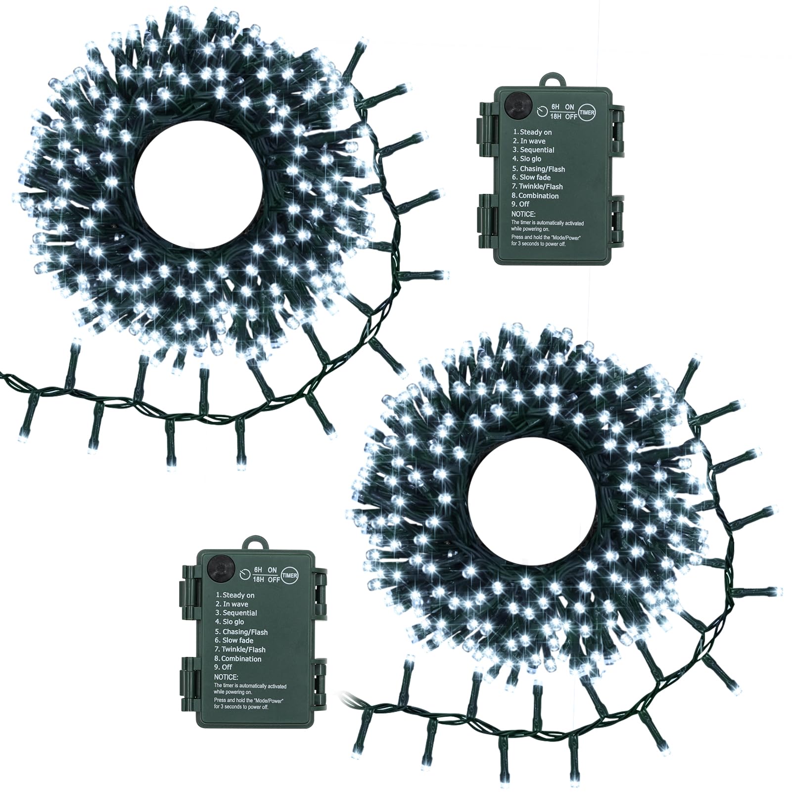 BSGlobal Guirnalda de luces de racimo de batería, paquete de 2 unidades de 20 pies, 400 luces LED con temporizador, 8 modos, petardo, luces de Navidad al aire libre, impermeables, para decoración del