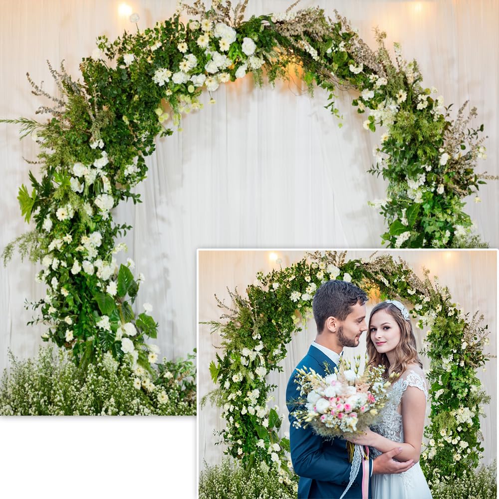 DASHAN 10x8ft Wedding Backdrop for Photography White Green Floral Flowers Garland Photo Backdrop Bride Groom Ceremony Party Backdrop Engagement