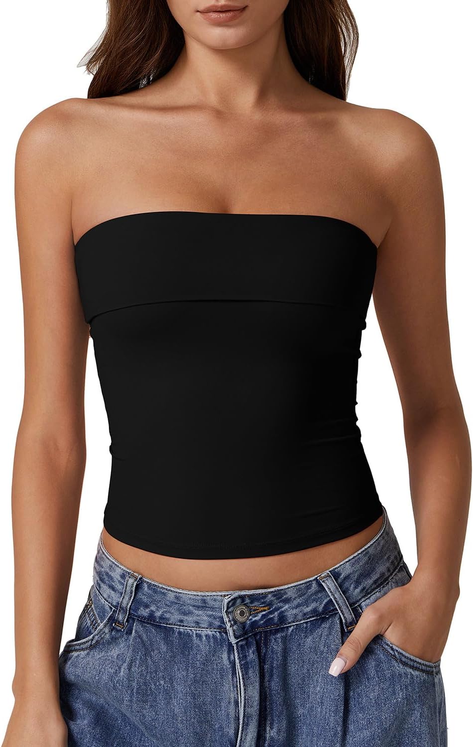QINSEN Women's Tube Tops Strapless Bandeau Tops Double Lined Slim Fit Summer Going Out Tank Tops