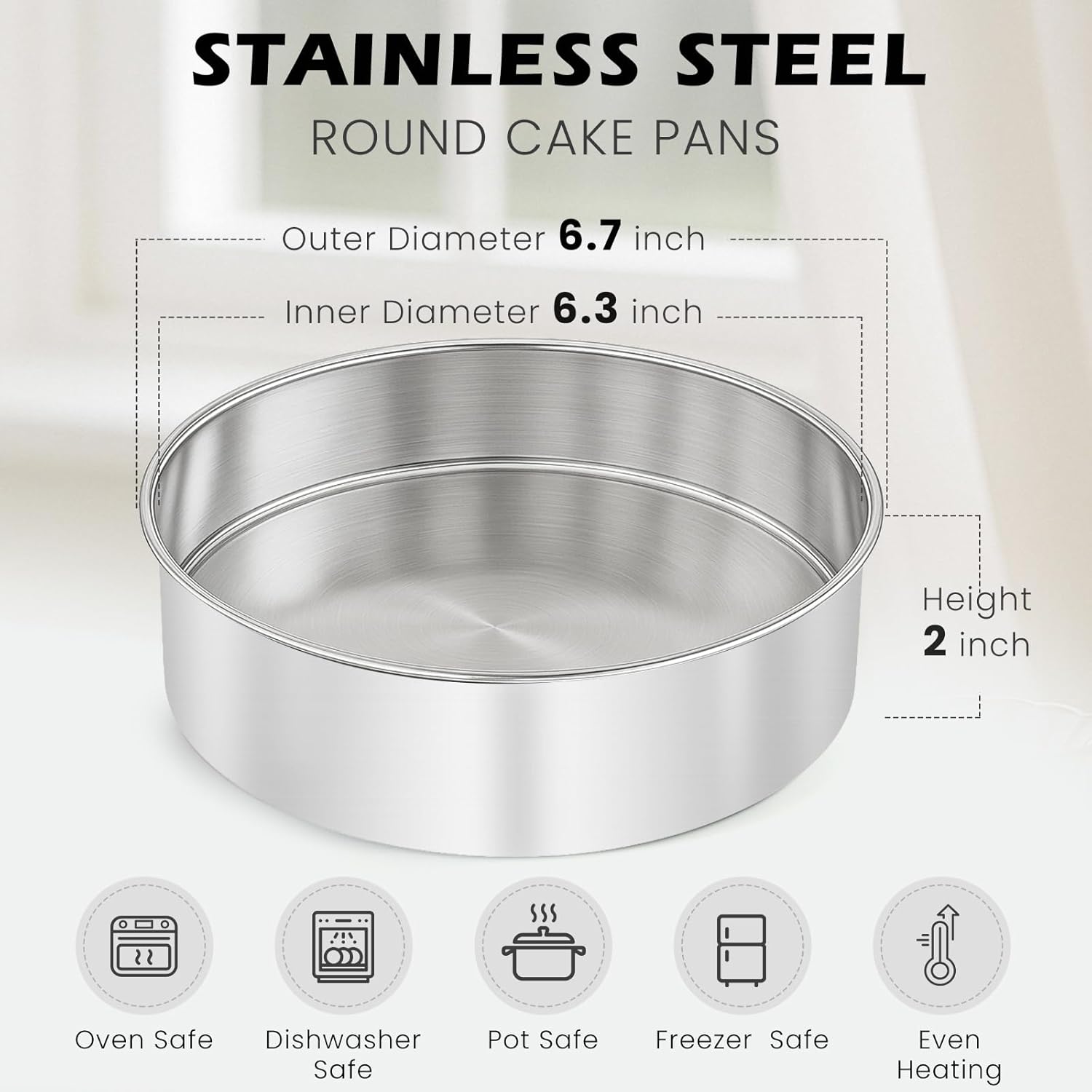 6 Inch Cake Pan - 3PCS Stainless Steel Smash Cake Baking Pans Tins, Round Bakeware for Party Birthday Wedding, Mirror Finish & Dishwasher Safe - Image 2
