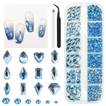 qiipii 2052Pcs Light Blue Nail Rhinestones Baby Blue Big Gems 72 Multi Shapes K9 Glass Diamonds Flatback Round Beads Stones Crystals Jewels Nail Art Charms for Nails Faces Eyes Makeup Tumblers Crafts