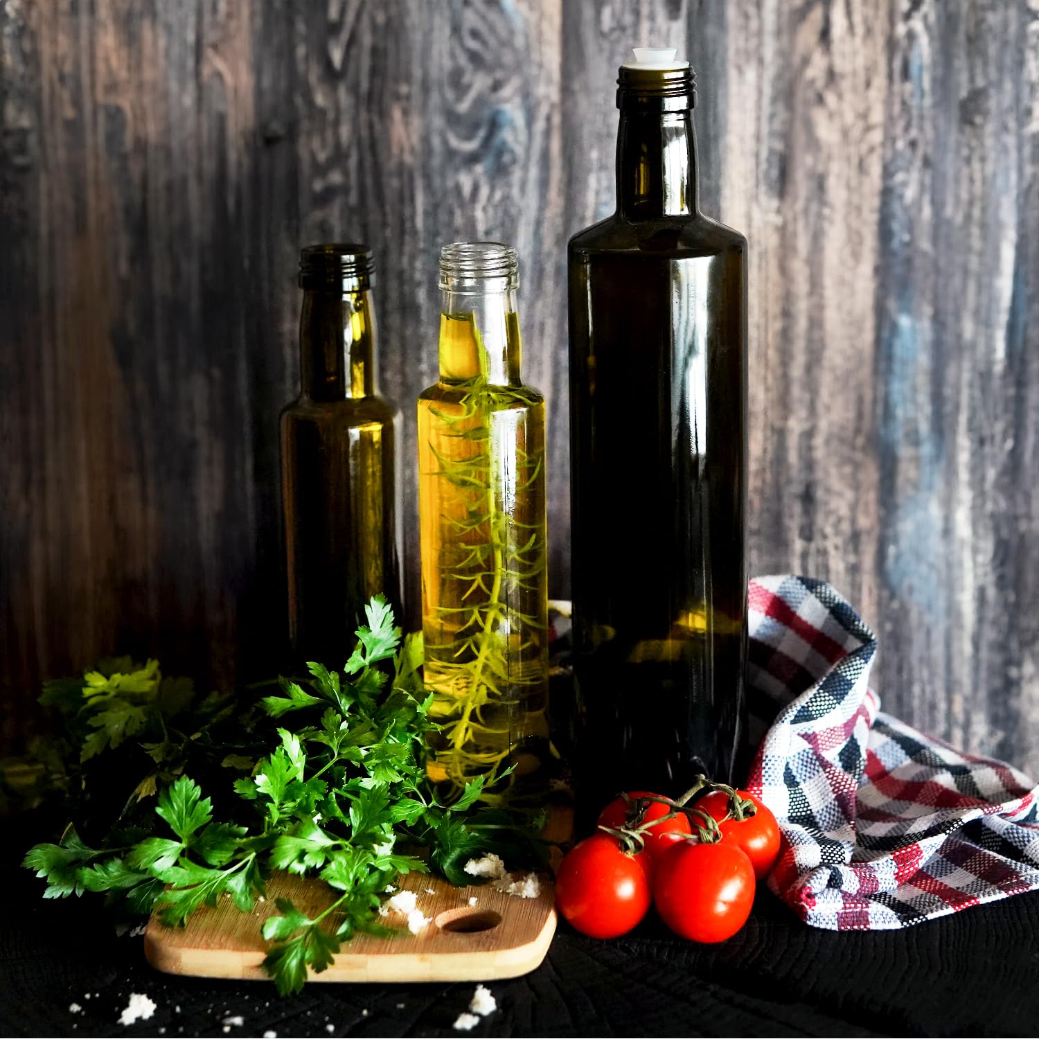 Botella de cristal de 750 ml, color verde oliva, botella de aceite, vinagre y botella multiusos, botella de cristal vacía para cocina, gastronomía (40 boquillas antigoteo)