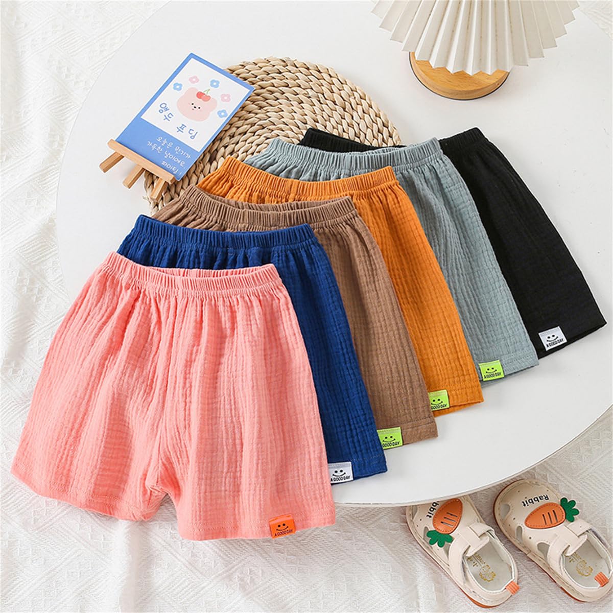 Lot de 3 Short en Gaze de Coton Bébé Pantalon Court à Taille Élastique en Coton et Lin Short d'été Décontracté Couleur Unie pour Bébé Enfants Fille Garçon 1-11 Ans Vêtements d'été