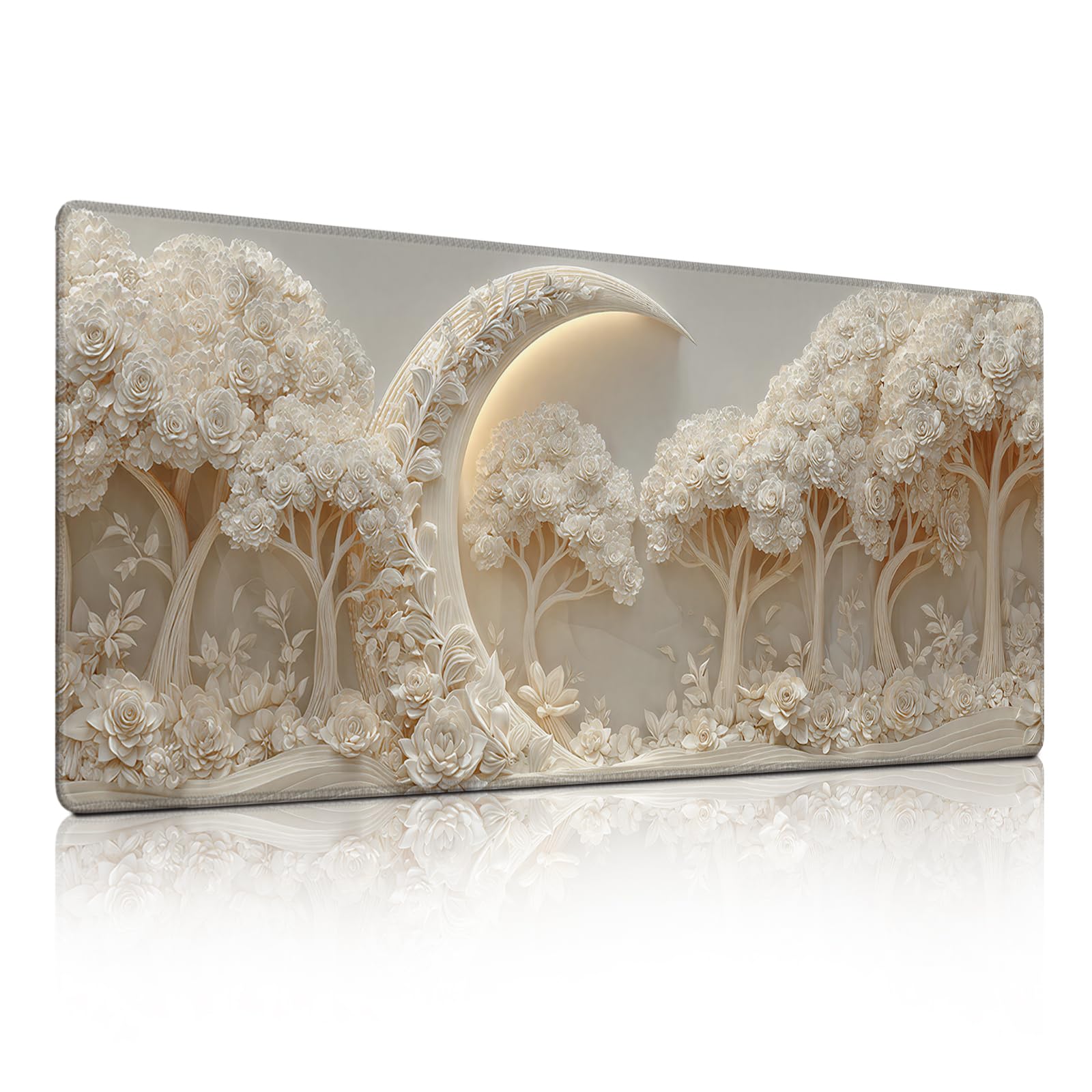 White Rose Tree Moon Mouse Pad, Luxury Relief Glow Decor Desk Mat - Large Non-Slip Office PC Laptop Desk Pad - 35.5"x15.7" x 3mm