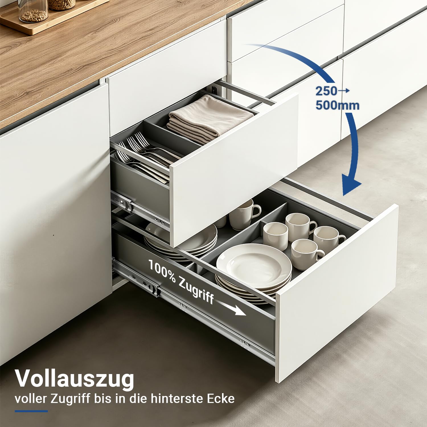 Schubladenschienen Vollauszug 450 mm 45 kg Soft-Close, 3 Paar