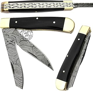 Double Blade Buffalo Horn 8.5'' Damascus Steel Double Blade Trapper Folding Pocket Knife 100% Prime Quality - Knife Knation
