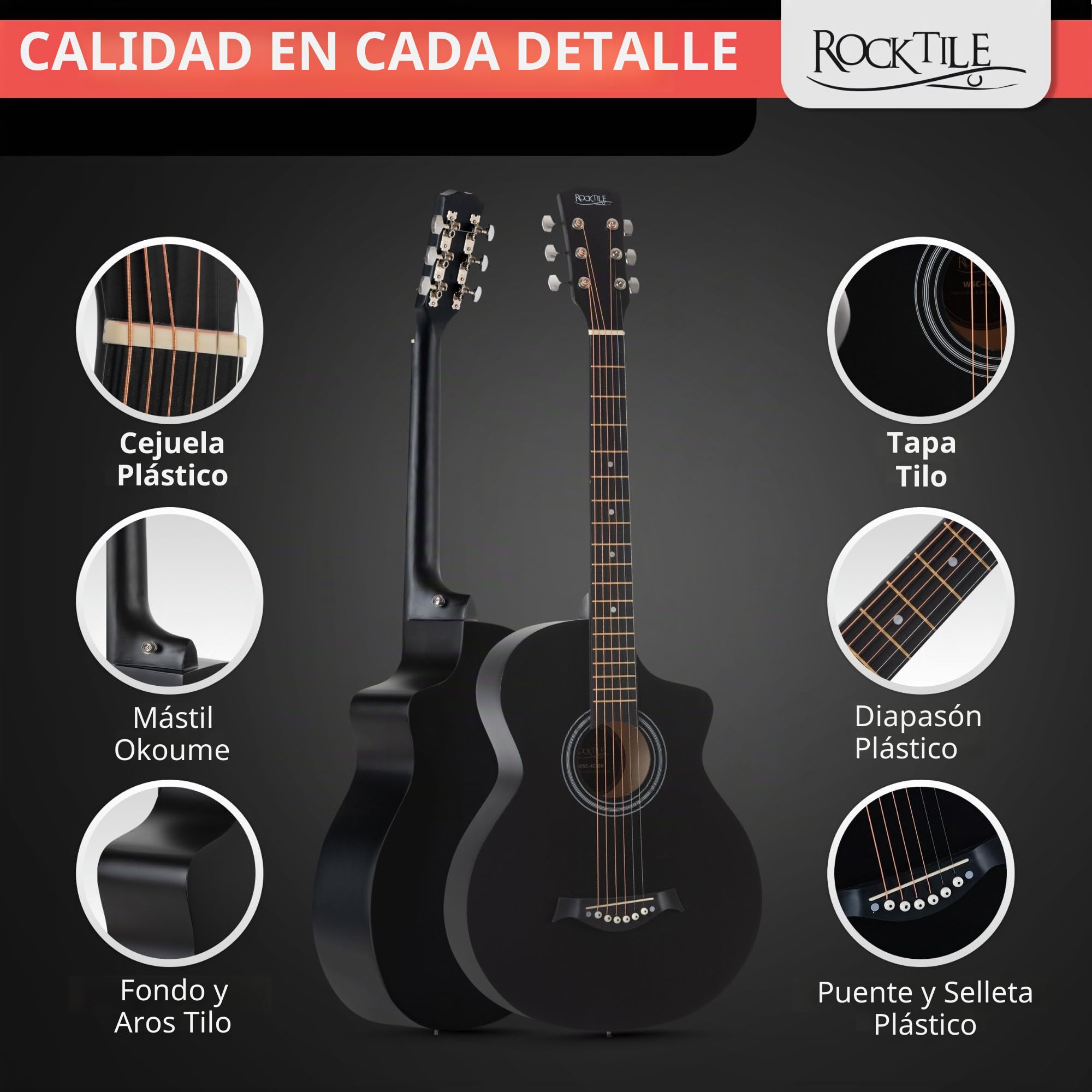 Rocktile WSC-4C-BK Guitarra Western Negra, General, Modelo: WSC-4C-BK | Peso: 1, 38 kg, Cuerdas: 6, Orientación: Diestros, Cuerpo, Forma del cuerpo: Concert con Cutaway, Tapa: Tilo, Mástil