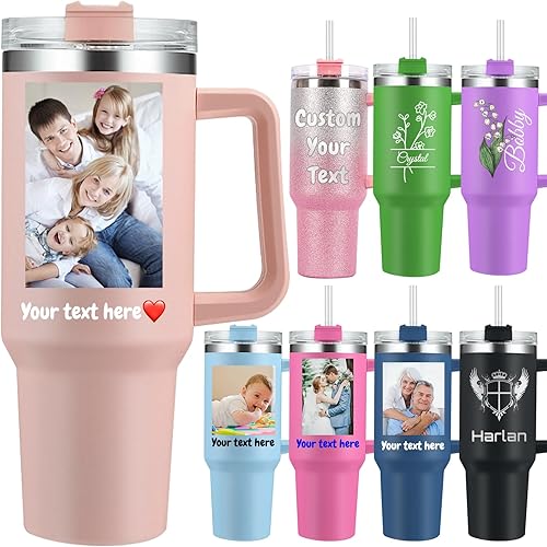 Vaso personalizado con foto con asa y nombres, imagen personalizada, texto de 40 onzas, tazas de viaje de acero inoxidable con aislamiento rosa