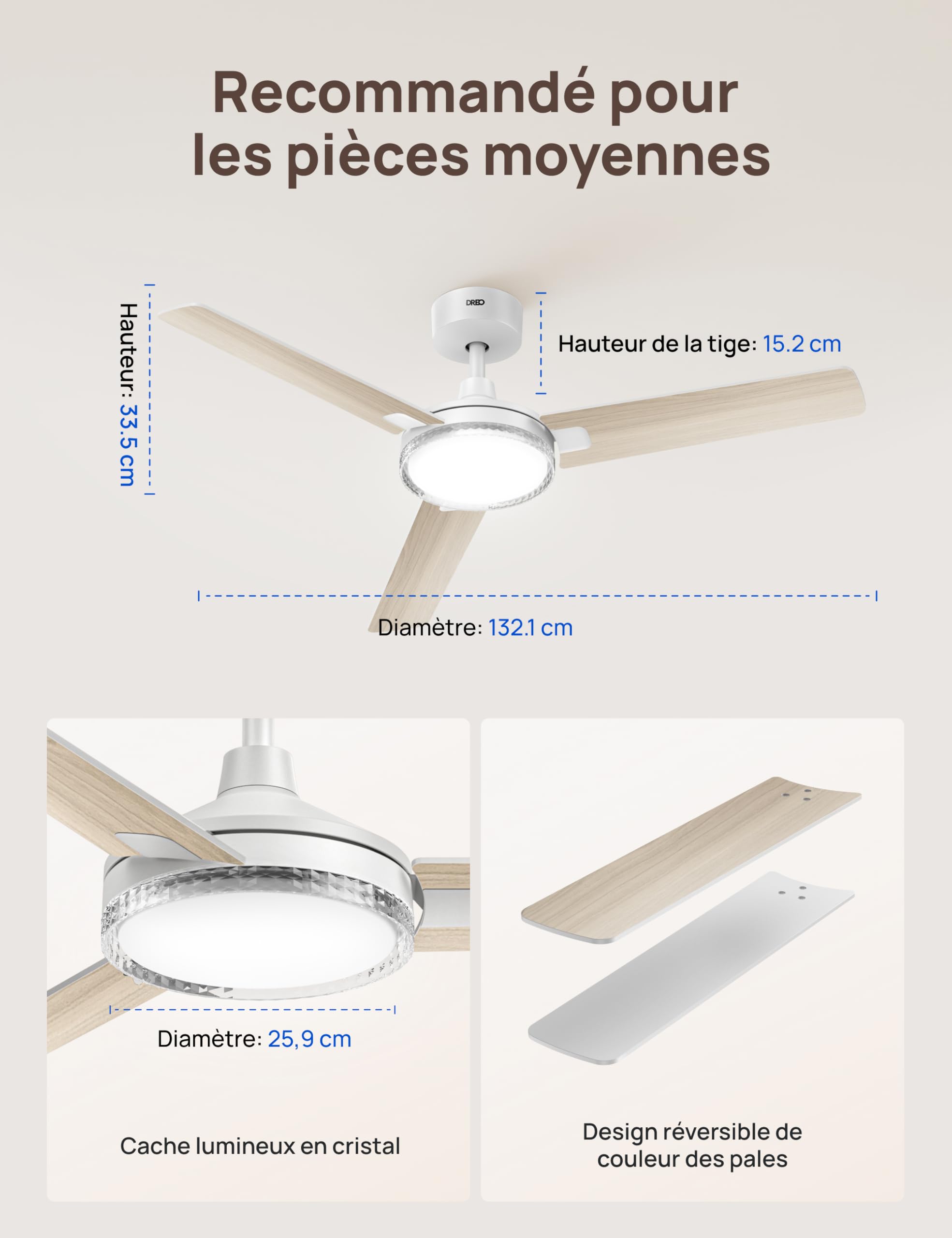 DREO ventilateur de plafond avec lumière et télécommande 132 cm, ventilateur blanc, 5 températures de couleur CCT, LED dimmable 6 niveaux, 6 vitesses, moteur CC réversible silencieux, minuterie 1/4/8h