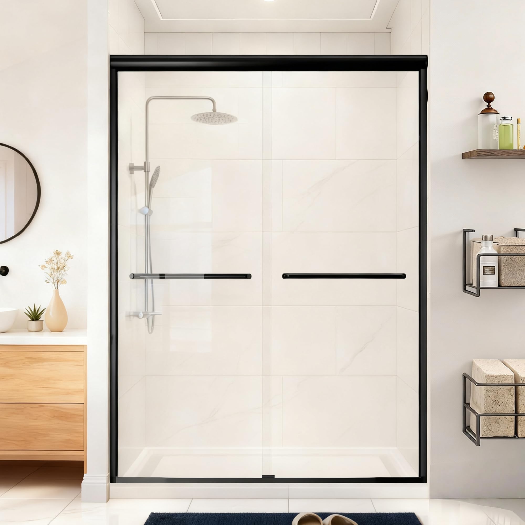 48 Shower Glass Door Double Sliding for Bathroom, Reversible Bathroom Glass Shower Door with Two Handles in Matte Black (48" x72", Matte Black)