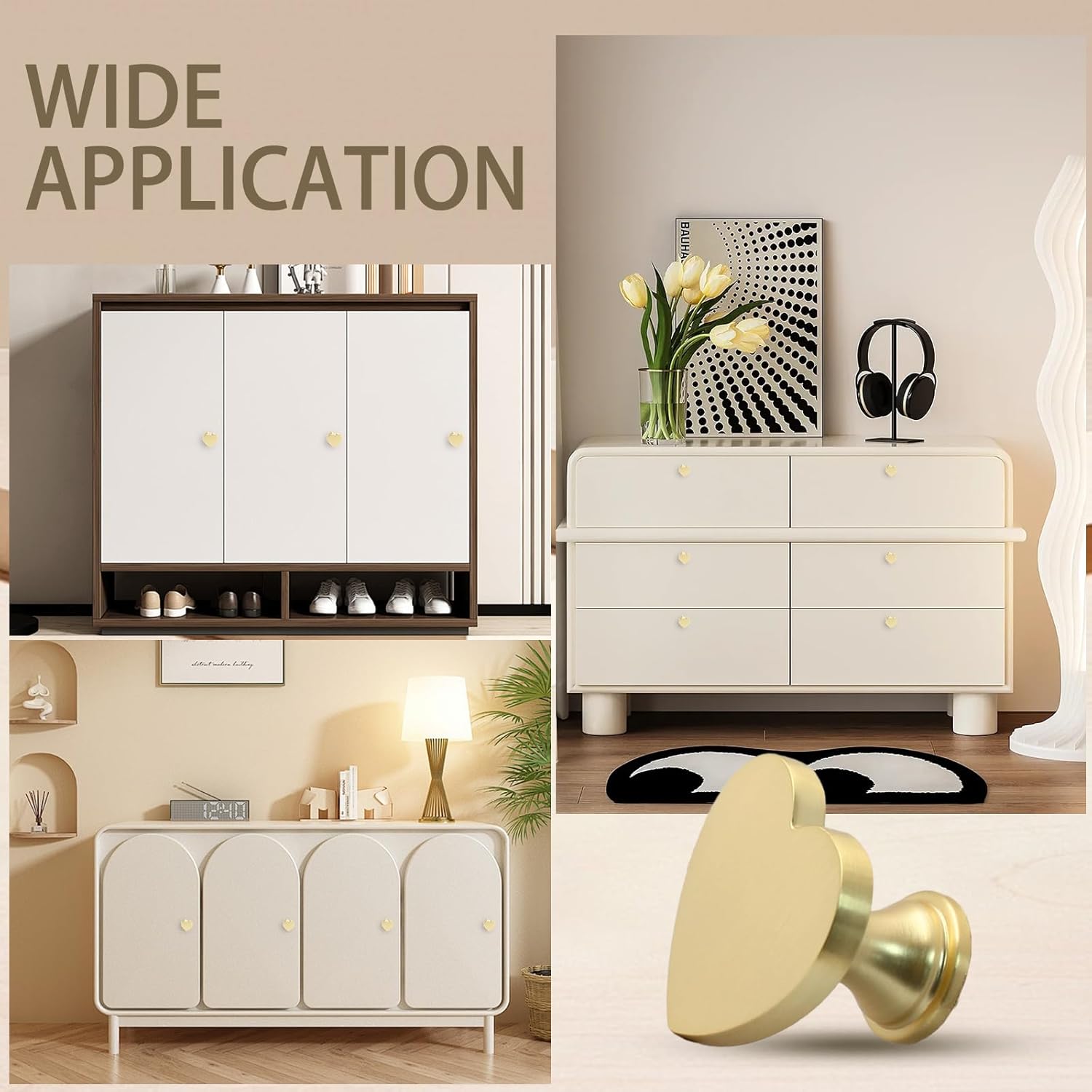 6 Pcs Heart Shape Cabinet Knobs, Gold Drawer Pulls, Brass Gold Dresser Knobs for Cabinet, Kitchen