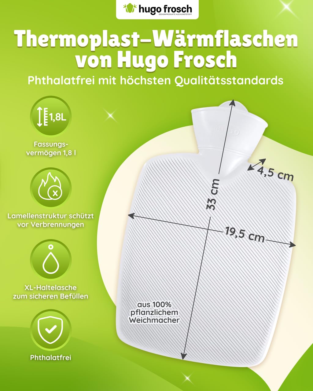 Hugo Frosch Borsa dell'acqua calda Classic Plant 1,8 l, con rivestimento in maglia biologica, sabbia