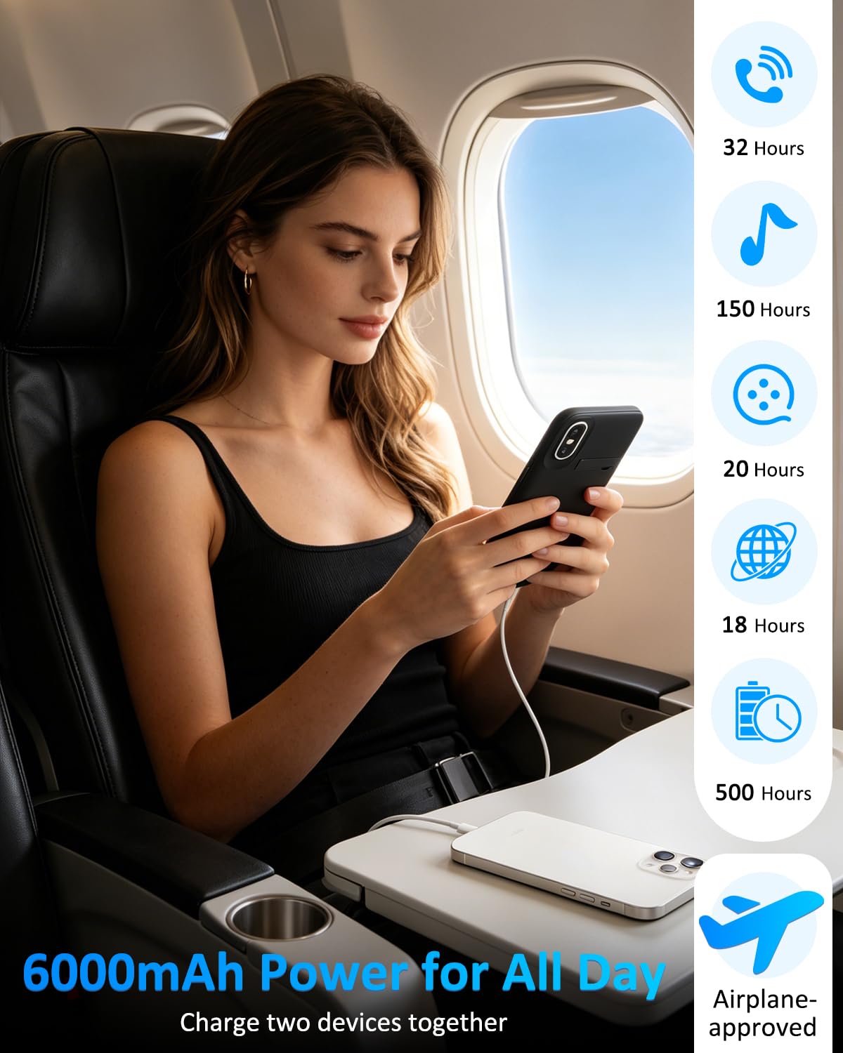 Funda con batería para iPhone X/XS, 6000 mAh, delgada, recargable, extendida, cargador de batería de respaldo con soporte, batería portátil para iPhone X/XS, color negro