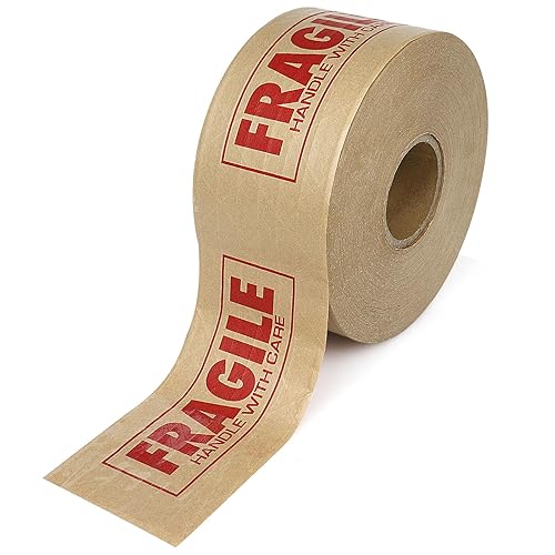 BOMEI PACK Cinta de papel kraft impresa frágil, 3 pulgadas x 450 pies (150 yardas), cinta Kraft reforzada, cinta engomada Kraft activada por agua,