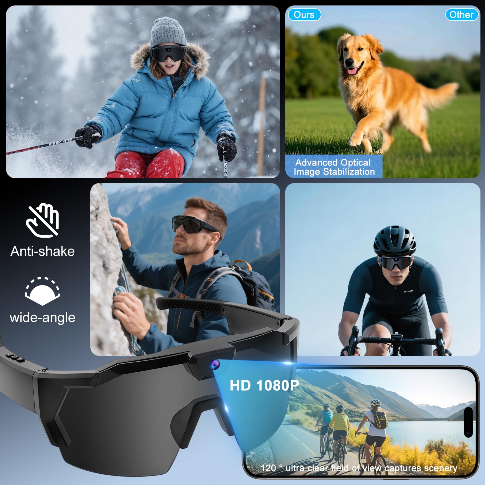 OBEST Gafas Inteligentes con 1080P Cámara, AI Gafas de Cámara WiFi HD, Solares Glasses Portátiles con Grabación de Vídeo y Micrófono, Acción Camara para Deporte Aire Libre Ciclismo/Esquí/Senderismo