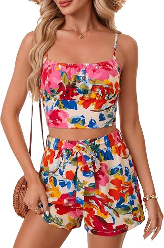 Vrtige Women's Two Piece Outfit Floral Print Crop Cami Top and Bow Tie Short Set