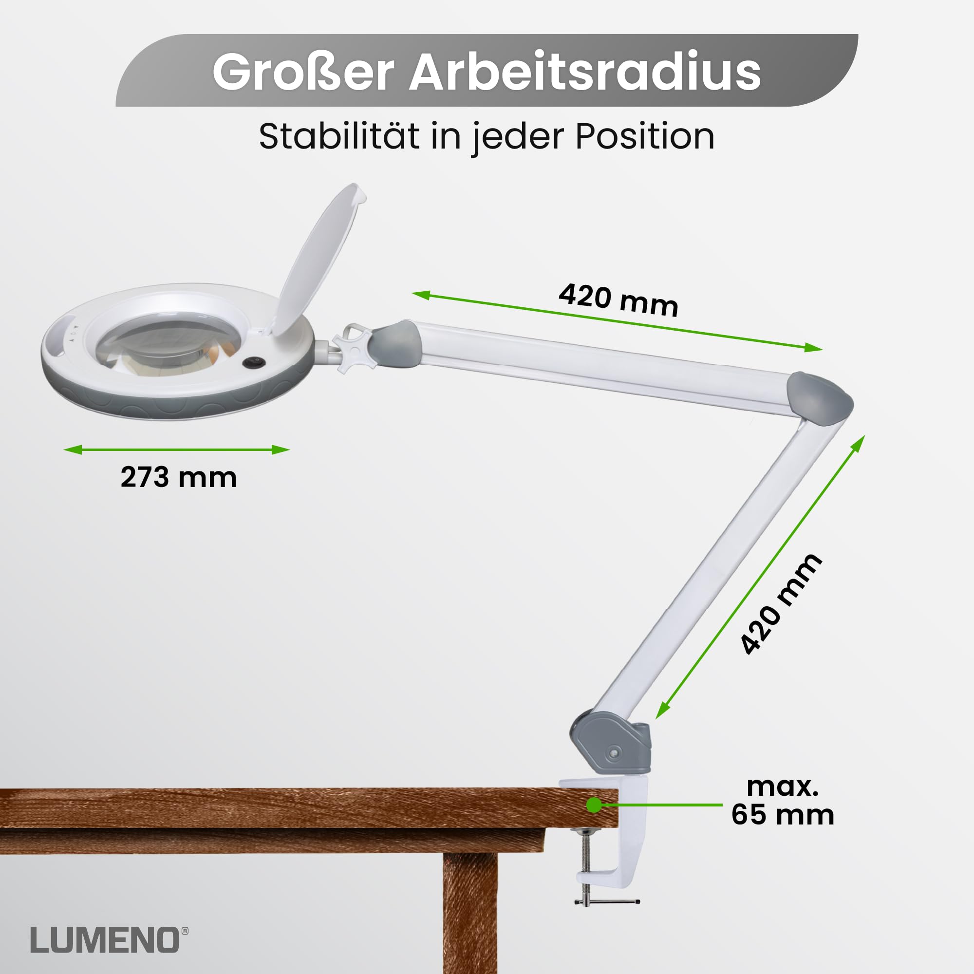 Lumeno dimmbare LED Lupenleuchte 8515GR 152 mm Echtglaslinse 5 Dioptrien einstellbare Helligkeitsstufen Grau