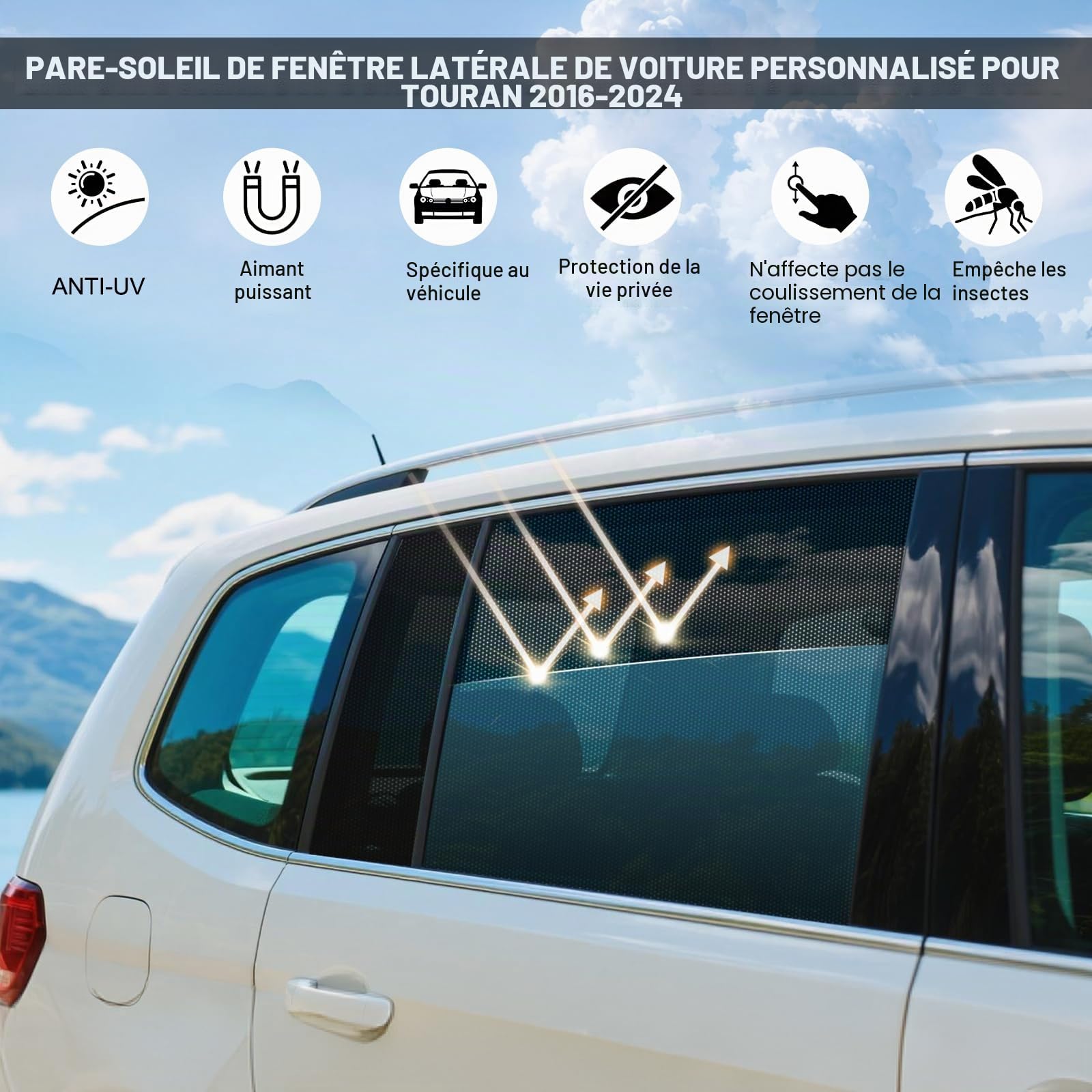Pare Soleil pour VW Touran 2016-2024 Vitres Latérales,Magnétique,ZATOOTO | 2PCS,Ajustement précis,Installation facile,Fenêtres utilisables,Ventilation optimale,Anti‑insectes,Pliable,Maille,Camping