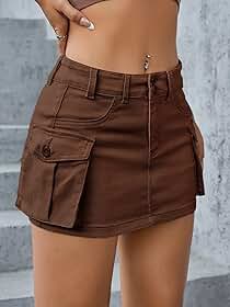 Mini saia jeans cargo feminina de cintura baixa com bolso