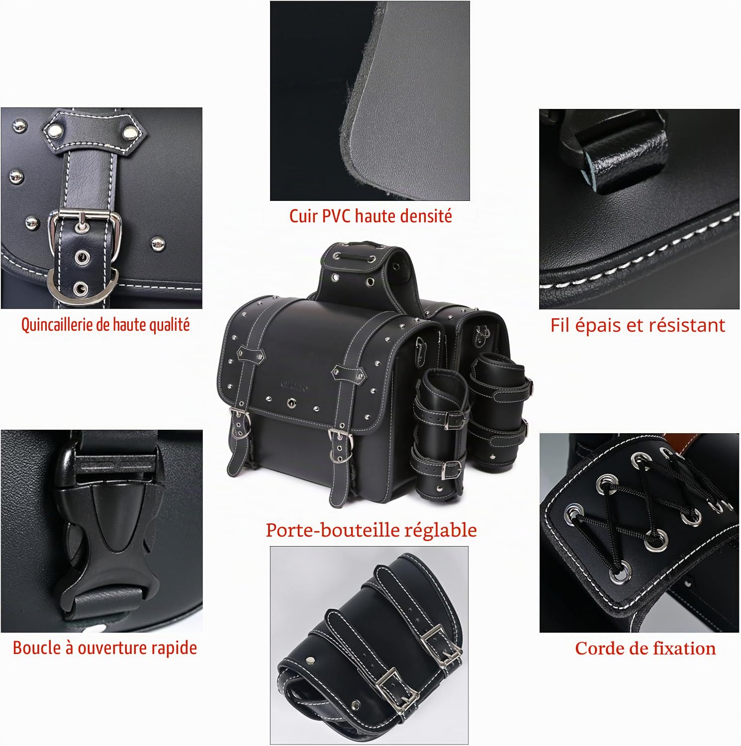 Sacoches de Moto en Cuir Haute densité avec Porte-gobelet, imperméable, Sac à Outils latéral, Sac de Rangement pour Moto, Universel, 1 Paire, Taille L (Noir)