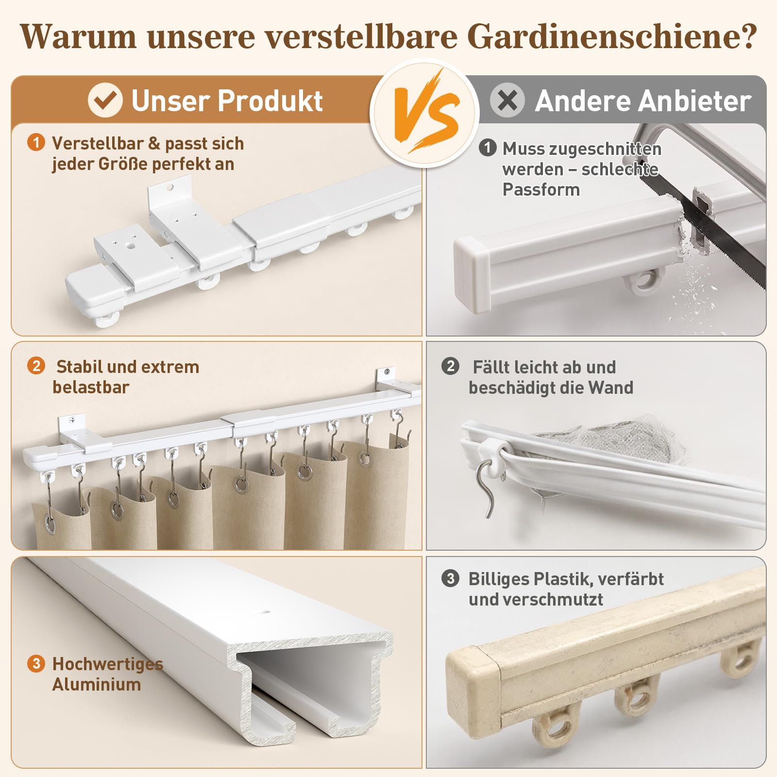 Gardinenschiene 1-läufig aus Aluminium, Teleskop 90‑275 cm Vorhangschiene weiß, Wand‑ und Deckenmontage, kein Sägen, für Wohnzimmer, Schlafzimmer, Balkon