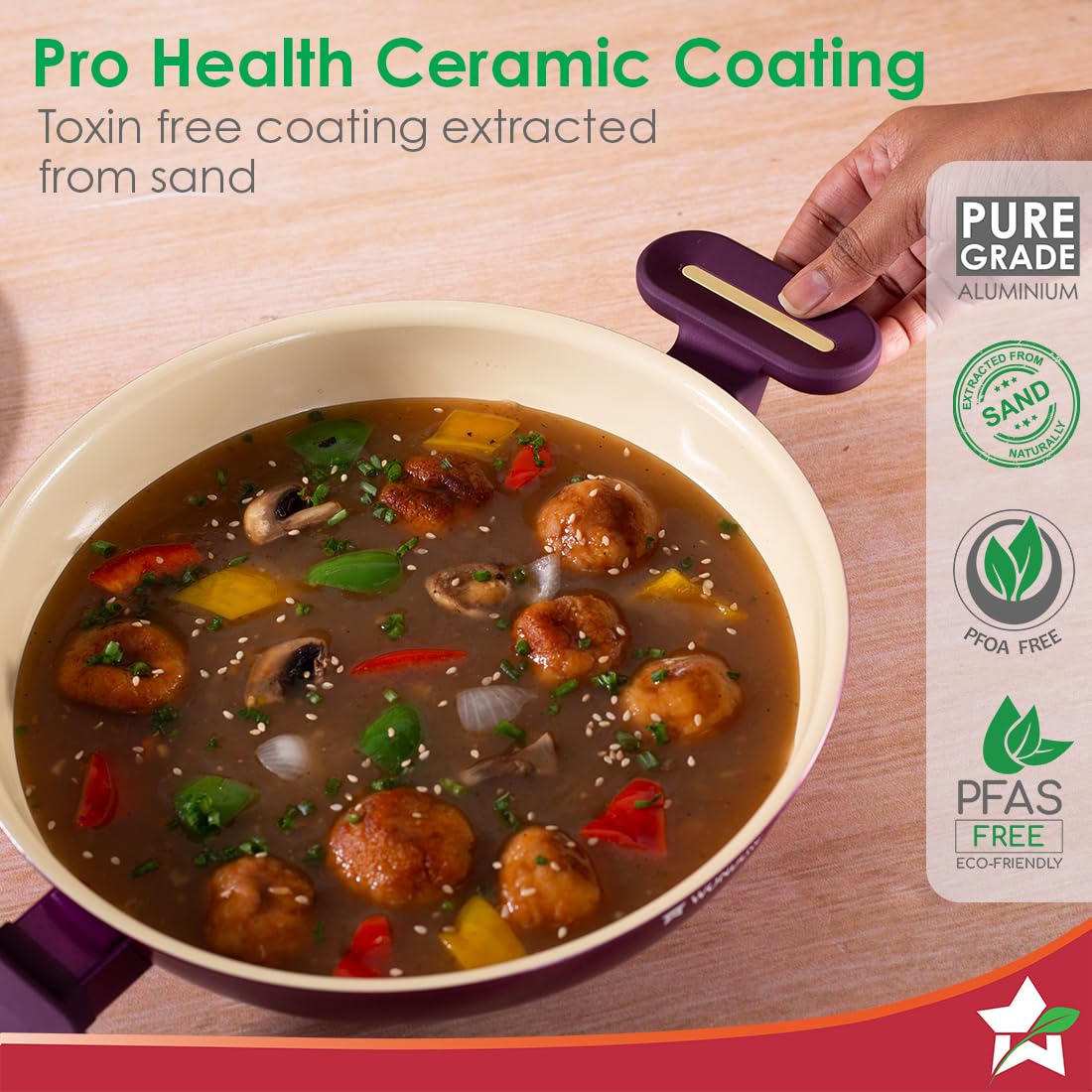 Wonderchef Bellagio Kadhai with Lid | Non-Stick Ceramic Coating | Non-Toxic | Pure Aluminium | PFAS and PFOA Free | 3mm Thickness | Two-Tone Soft-Touch Handles and Knob | Firm Grip | 2 Years Warranty 1