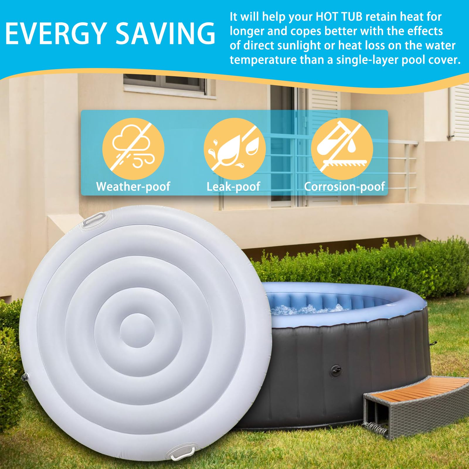 Runde Whirl-poolabdeckung, Aufblasbare Badewannenabdeckung Mit Griffen, Premium Energiesparende Whirl-Pooldeckel, Universelle Aufblasbare Whirlpool-Abdeckung (Runde-135CM)