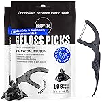 Dental Floss Picks (100pcs) - Flossers for Adults, Vegan Corn-Straw Handle, Superior Oral Care & Anti-Shred Thread, Dental Hygiene, Tooth Pick Sticks, Teeth & Gum Health (Charcoal, Double Thread)