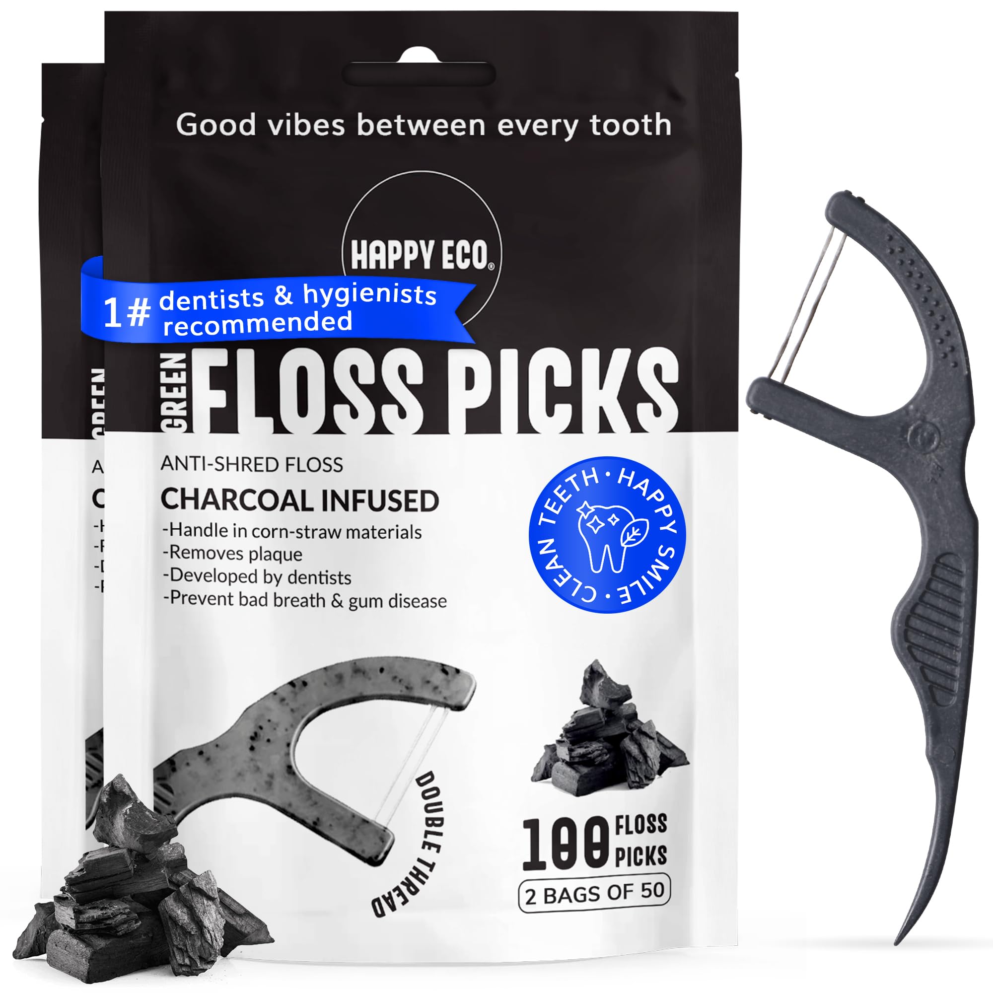 Dental Floss Picks (100pcs) - Flossers for Adults, Vegan Corn-Straw Handle, Superior Oral Care & Anti-Shred Thread, Dental Hygiene, Tooth Pick Sticks, Teeth & Gum Health (Charcoal, Double Thread)
