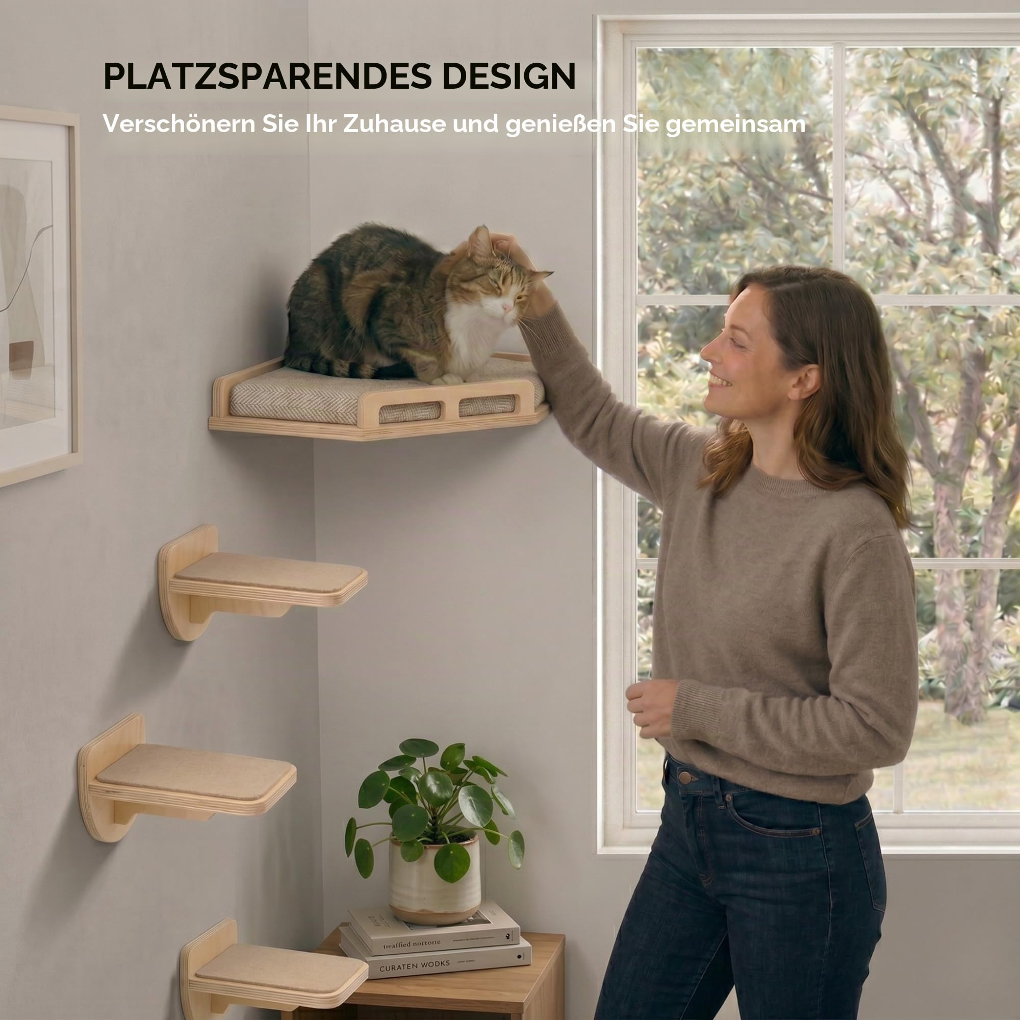 INICIO Katzen-Wandregal, sichere und stabile Katzenwandmöbel, stilvolles Eckregal aus Birkenholz, 3 Stufen für Katzen bis 8 kg, gepolsterte Sitzstange und Treppen zum Klettern und Spielen