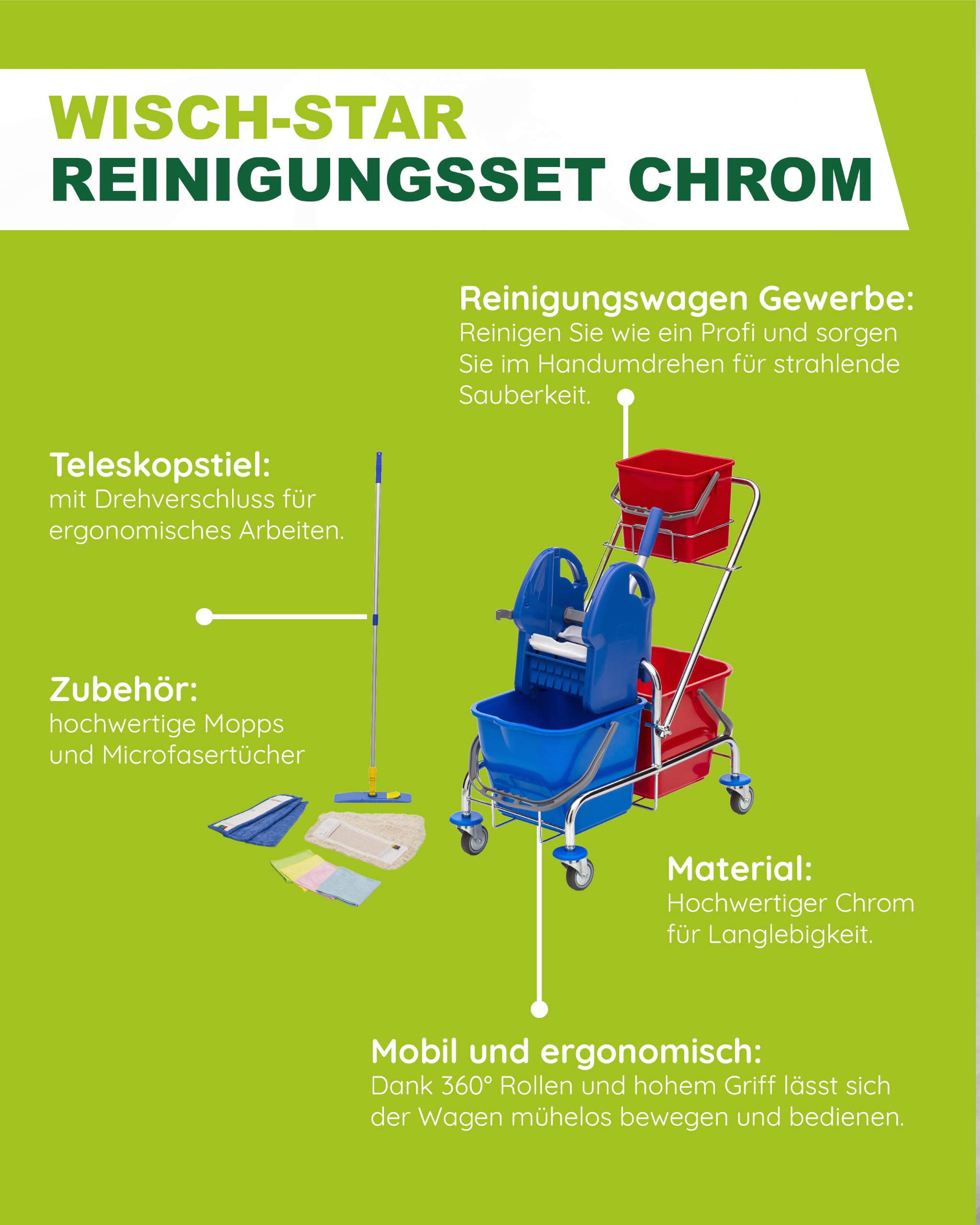 Wisch-Star Wischmopp Set mit Eimer, Chrom-Rollwagen, 40 cm, 13-teilig | Bodenwischer Set aus Chrom, 3-Eimer-System mit Presse, 6 Mopps und 4 Tücher, Teleskopstiel 70–140 cm, Maße 72x42x89 cm
