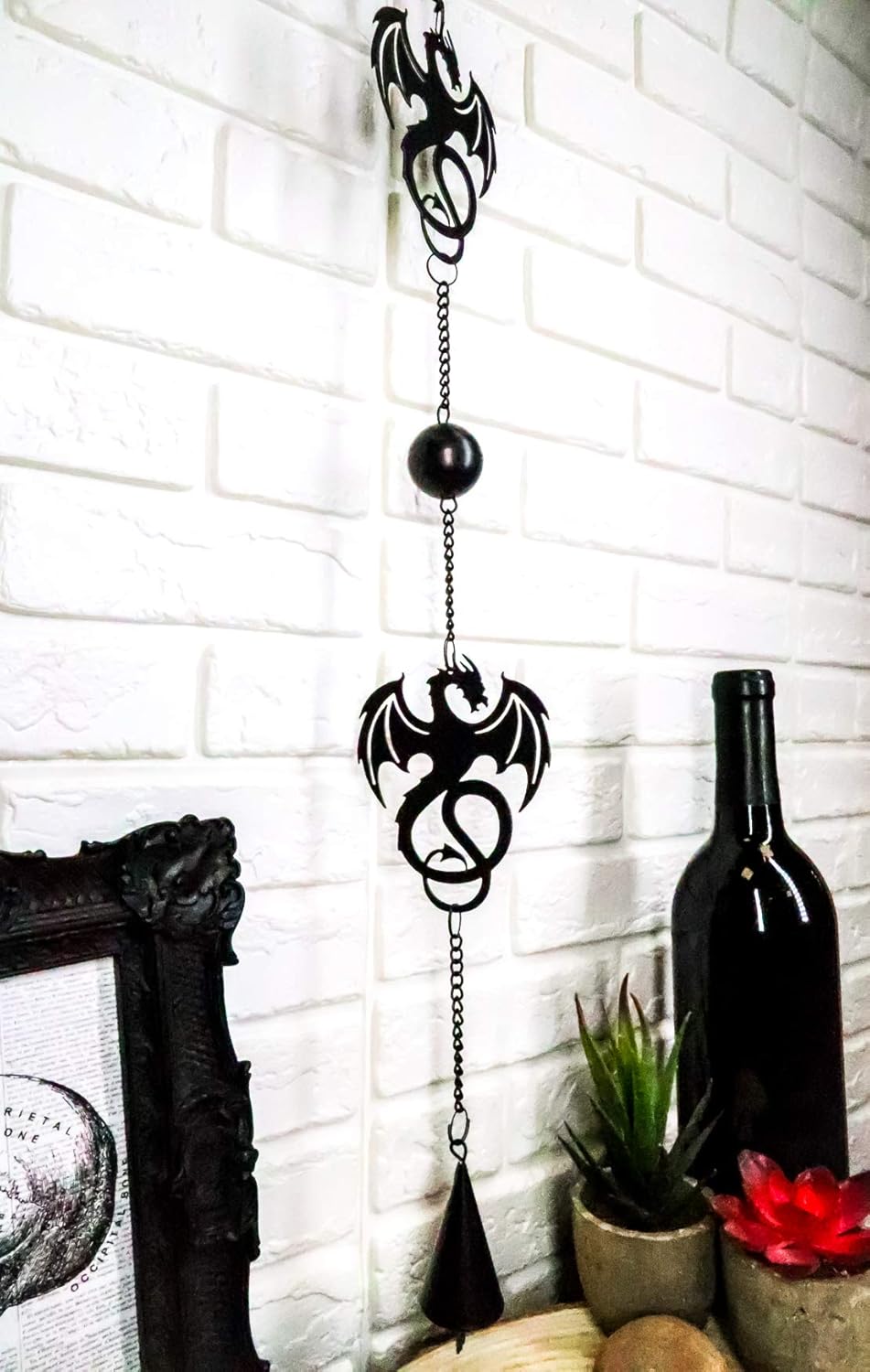 Ebros Black Coated Steel Metal Wyverex Alchemy Folklore Dragon Wall Hanging Wind Chime with Beads 38" L Home and Patio Decor Medieval Fantasy Dungeons and Dragons Mobile Noisemaker