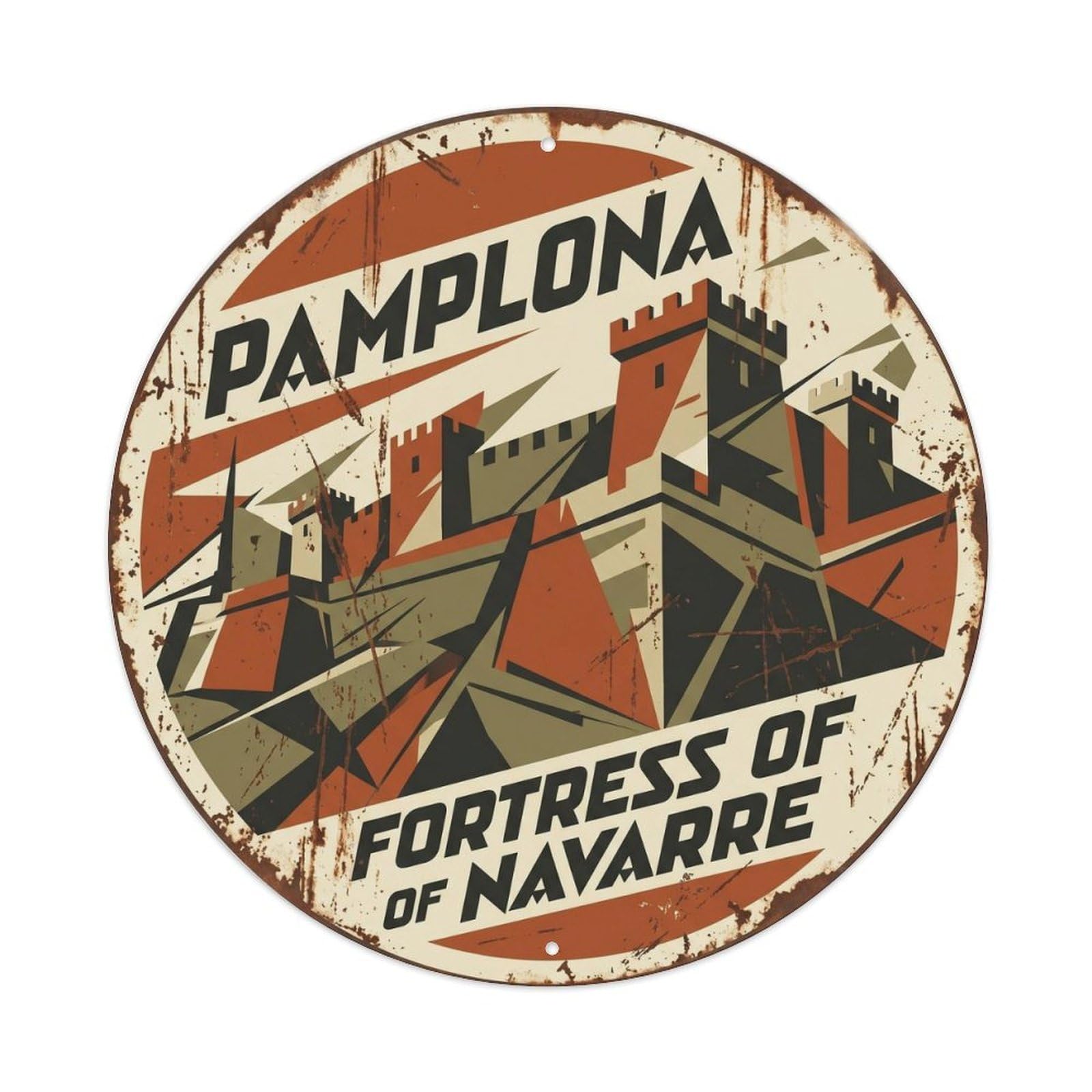 Pamplona Ramparts Fortress Historic Travel Cartography Landmark Metal Tin Sign Plaque Wall Decor for Cafe, Man Cave, Club Bar, Office, Home Garden Round Metal Poster 8x8Inch