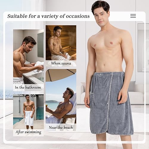 Miniatura 7 de GOSCHE Toalla de baño para hombre, toallas corporales para ducha, toallas de sauna ajustables con velcro, toalla envolvente para hombre, toalla de