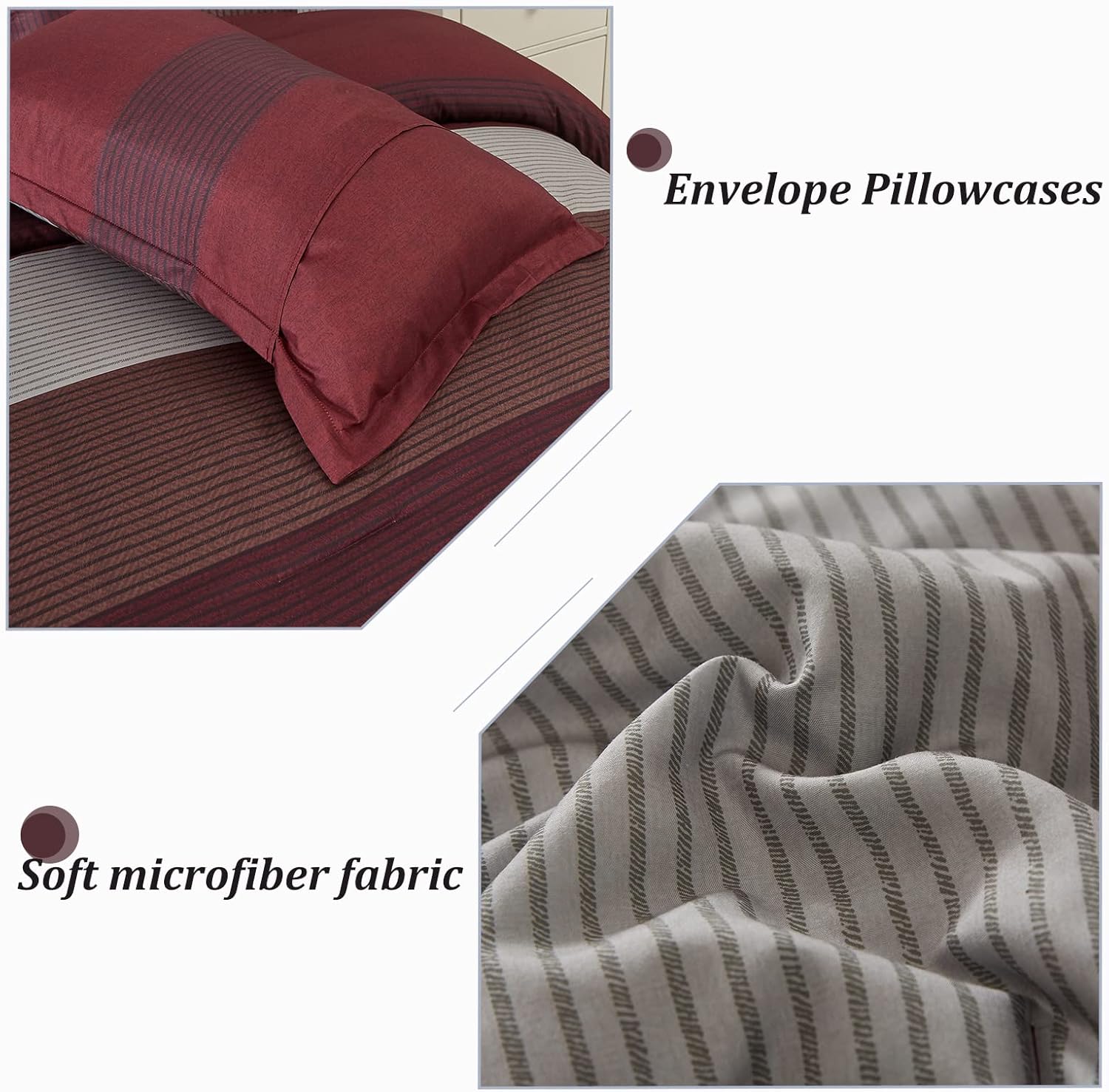 WONGS BEDDING Burgundy Comforter Set Queen, Reversible Burgundy Stripe Down Alternative Comforter for All Season,3 Pieces(1 Comforter+2 Pillowcases), Soft Microfiber Bedding Duvet Set 90”×90” - Image 5