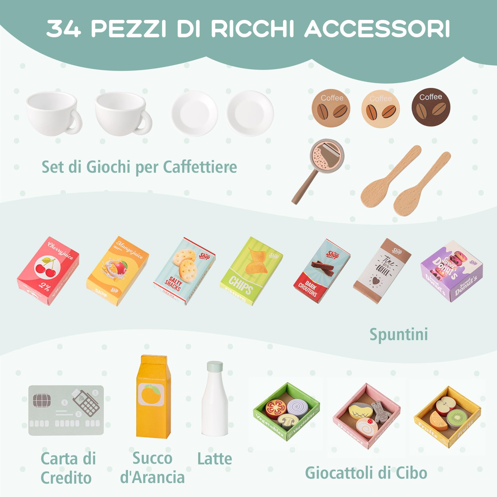 RELAX4LIFE Set di Giocattoli per il Supermercato in Legno, Supermercato per Bambini con Bancone Cassa, Distributore Automatico, Macchina da Caffè, Forno e Accessori Alimentari, per Bambini 3+ Anni