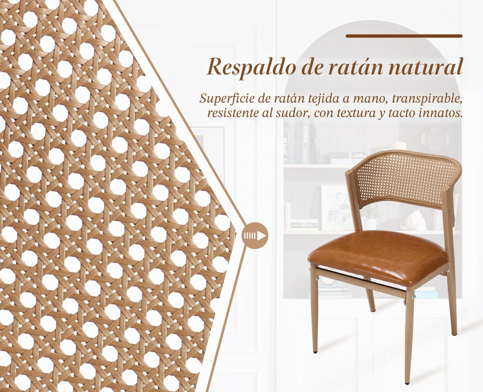 chairus 2PCS Sillas de Comedor de Madera con Respaldo de Ratán, Marrón | Asiento de Cuero PU, Sin Brazo, Estilo Moderno, Para Restaurante