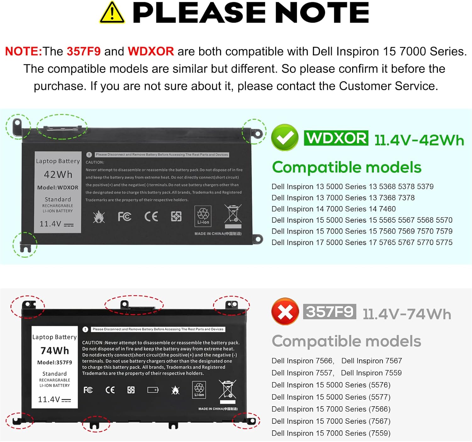 WDX0R 42Wh Laptop Battery Replacement for Dell Inspiron 13 15 5000 7000 Series 5567 7573 5570 7579 7378 5565 5379 5378 Latitude 3490 3590 3340 3400 3390 3500 3190 Vostro 5468 5568 P69G 3CRH3 WDXOR