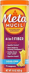 Metamucil 4-in-1 Psyllium Husk Fiber Supplement, Sugar-Free, 72 teaspoons, Orange Flavored, Daily Fiber Powder for Digestive Health, made with Plant-Based Psyllium Husk Fiber