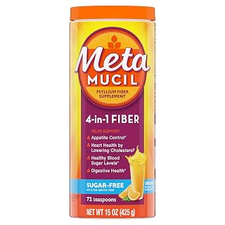 Metamucil 4-in-1 Psyllium Husk Fiber Supplement, Sugar-Free, 72 teaspoons, Orange Flavored, Daily Fiber Powder for Digestive Health, made with Plant-Based Psyllium Husk Fiber - Amazon product rated Grade A