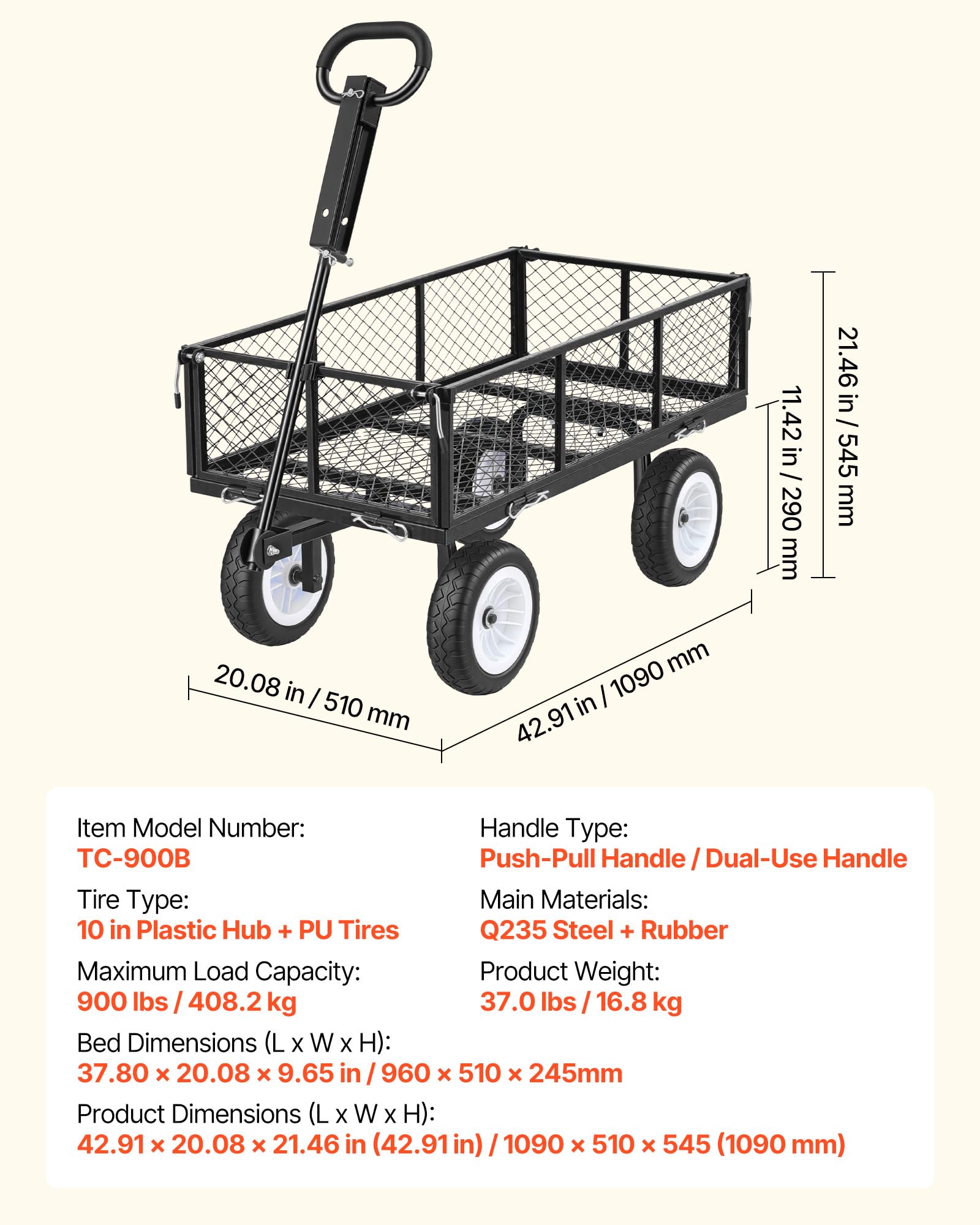 VEVOR Carrello Portaoggetti da Giardino Carico max 408,2 kg Carrello da Trasporto per Legna Terra Detriti Lati Rimovibili Pneumatici Antiforatura in PU, Carretto Compatibile con Trattore ATV, Nero