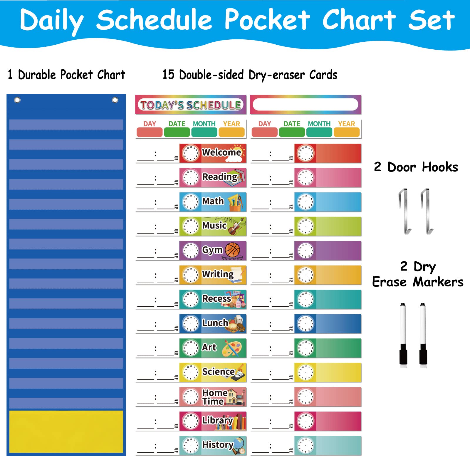 Scholastic Education Schedule Chart Daily Schedule Pocket Chart Blue - 13+1  Pockets With Dry-Erase Cards Classroom Daily Schedule Chart With Dry-erase  Cards, image size:1600x1600