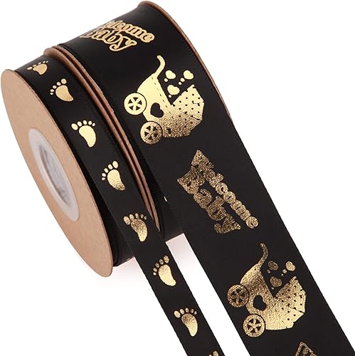 2 rollos en total de 20 yardas de cinta de bienvenida para bebé, cintas negras y doradas con estampado de pies para manualidades, pasteles, baby
